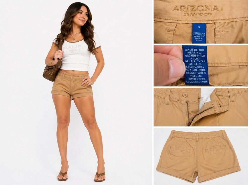 Y2K Indie Sleaze Arizona Jean Cuffed Micro Mini Chino Shorts Sz 11 Tan 2000s